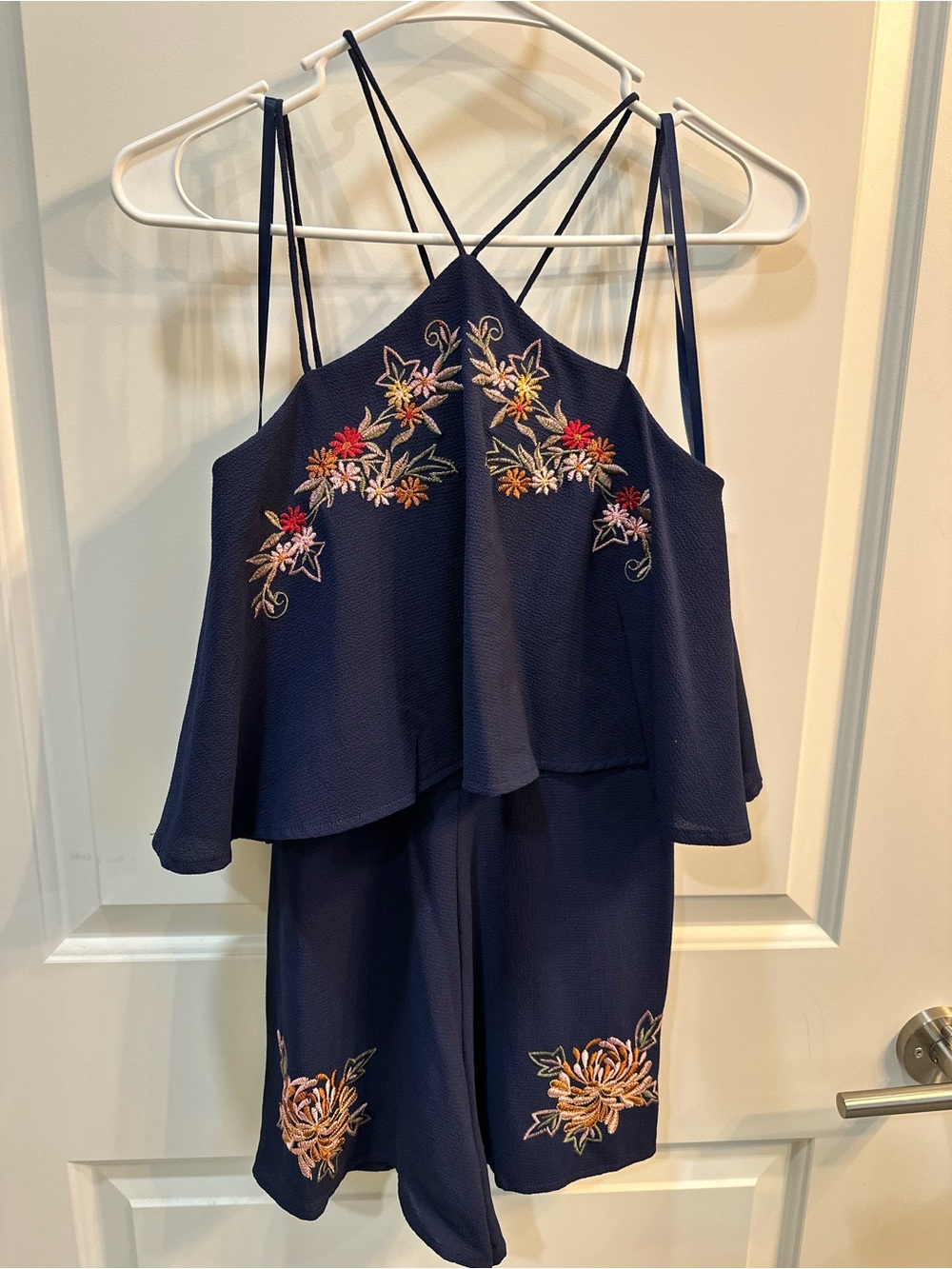 She + Sky Navy Floral Embroidered Romper with Strappy Back